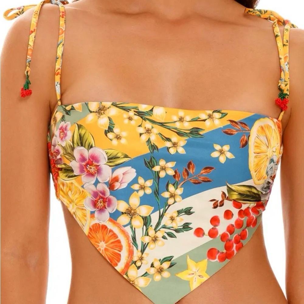 Agua Bendita Floral Citrus Bandeau Bikini Top in Yellow, Blue, White